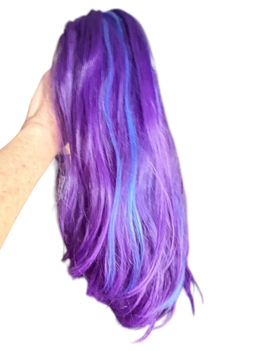 Purple synthetic long wig with blue highlights